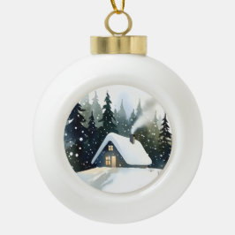 Adorno De Cerámica Tipo Bola Navidad Acuarela Cabaña de Invierno Vintage