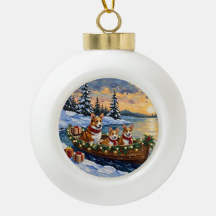 Adorno De Cerámica Tipo Bola Navidad de Corgi en Barco Fiesta