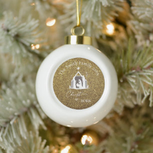 Adorno De Cerámica Tipo Bola Navidad Personalizada Natividad Oro y Blanco