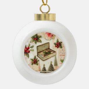 Adorno De Cerámica Tipo Bola Navidad Retro Vintage Rojo Verde Acebo Festa 