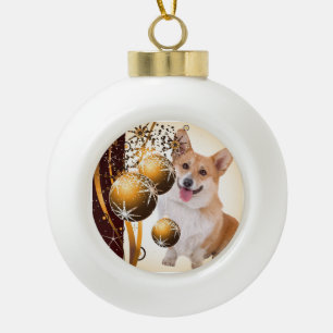 Adorno De Cerámica Tipo Bola Navidad rojo y Corgi blanco