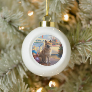 Adorno De Cerámica Tipo Bola Navidades Akita norteamericanos en crucero: feroz