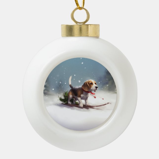Adorno De Cerámica Tipo Bola Navidades Beagle en invierno (Anverso)