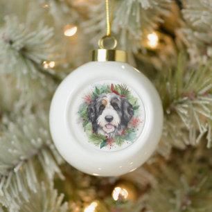 Adorno De Cerámica Tipo Bola Navidades de Bernedoodle Wreath Pup festivo