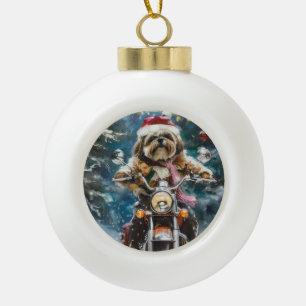 Adorno De Cerámica Tipo Bola Navidades en motocicleta de lhasa Apso Dog Riding
