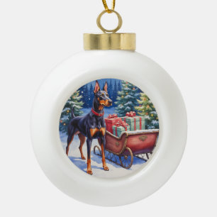 Adorno De Cerámica Tipo Bola Noble Doberman Custodiando el Trineo de Navidad de