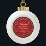 Adorno De Cerámica Tipo Bola Nuestra primera Navidad en nuestro nuevo hogar Fau<br><div class="desc">Primera Navidad en la calle<add name="" of="" your="" street="">en una tipografía clásica y simple de escritura serif y cursiva sobre un fondo rojo con curvas falsas de oro ornamentadas.</add></div>