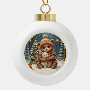Adorno De Cerámica Tipo Bola Oso Lindo Sosteniendo Conejo Cerca del Árbol de Na
