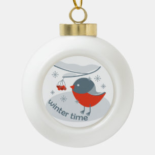 Adorno De Cerámica Tipo Bola Pájaro bullfinch de invierno y bayas rojas
