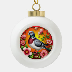 Adorno De Cerámica Tipo Bola Pájaro Colorido Posado Entre Flores Vibrantes