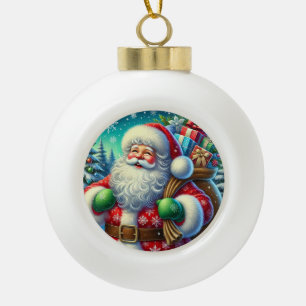 Adorno De Cerámica Tipo Bola Papá Noel festivo sosteniendo una bolsa de regalos