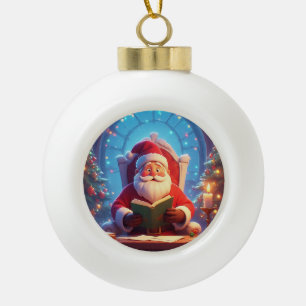 Adorno De Cerámica Tipo Bola Papá Noel leyendo un libro a la luz de una vela
