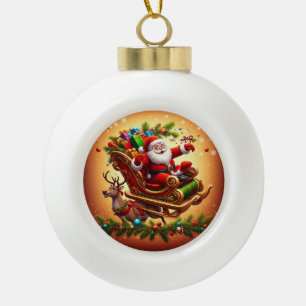 Adorno De Cerámica Tipo Bola Papá Noel montado en un trineo con un reno