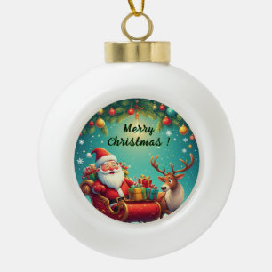 Adorno De Cerámica Tipo Bola Papá Noel montando un trineo con un reno