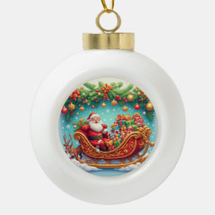 Adorno De Cerámica Tipo Bola Papá Noel montando un trineo con un reno