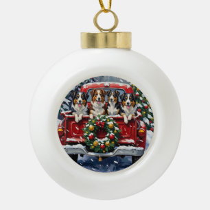 Adorno De Cerámica Tipo Bola Pastor Australiano Camioneta Roja Navidad Fiesta