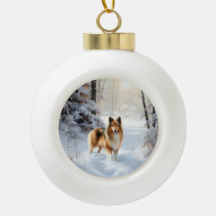 Adorno De Cerámica Tipo Bola Pastor de Shetland Deja que nieve Navidad