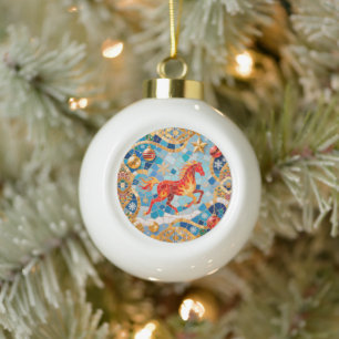 Adorno De Cerámica Tipo Bola Patrón de Navidades de Caballos Rojos Fiery de Año