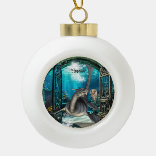 Adorno De Cerámica Tipo Bola Pequeña sirena con seadragón.