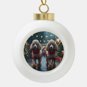 Adorno De Cerámica Tipo Bola Perritos Caniche Navidad Nieve Fiesta 