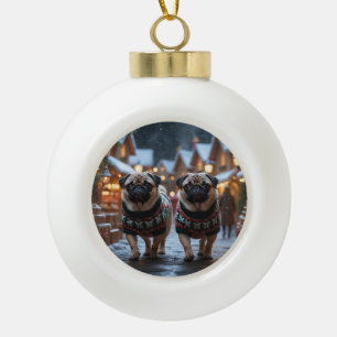 Adorno De Cerámica Tipo Bola Perritos Pug Navidad Nieve Fiesta