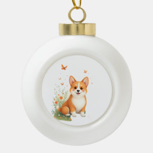 Adorno De Cerámica Tipo Bola Perro Akita con flor y camiseta con mariposa