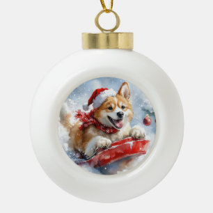Adorno De Cerámica Tipo Bola Perro Akita en Trineo Deja que Nieve Navidad