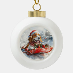 Adorno De Cerámica Tipo Bola Perro Basset Hound en Trineo Deja que Nieve Navida