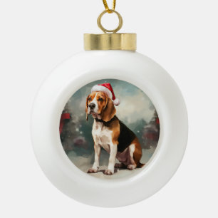 Adorno De Cerámica Tipo Bola Perro beagle en Navidades de nieve