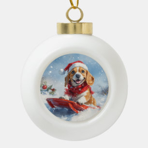 Adorno De Cerámica Tipo Bola Perro Beagle en Trineo Deja que Nieve Navidad
