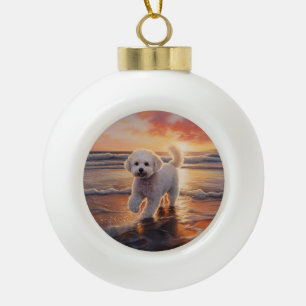 Adorno De Cerámica Tipo Bola Perro Bichon Frise de Patas Arenosa en Puesta de S