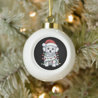 Adorno De Cerámica Tipo Bola Perro Bichon Frise Navidad Gorro de Santa Luces de