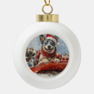 Adorno De Cerámica Tipo Bola Perro Blue Heeler en Trineo Deja que Nieve Navidad