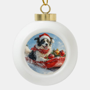 Adorno De Cerámica Tipo Bola Perro Border Collie en Trineo Deja que Nieve Navid