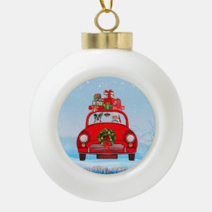 Adorno De Cerámica Tipo Bola Perro Boston Terrier en coche con Papá Noel