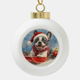 Adorno De Cerámica Tipo Bola Perro Boston Terrier en Trineo Deja que Nieve Navi