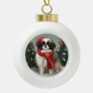 Adorno De Cerámica Tipo Bola Perro Chin Japonés en Navidad con nieve