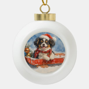 Adorno De Cerámica Tipo Bola Perro Chin Japonés en Trineo Deja que Nieve Navida