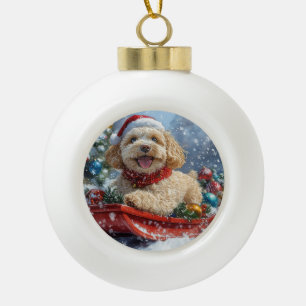 Adorno De Cerámica Tipo Bola Perro Cockapoo en Trineo Deja que Nieve Navidad