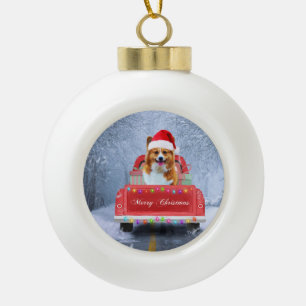 Adorno De Cerámica Tipo Bola Perro Corgi en Nieve sentado en un camión de Navid