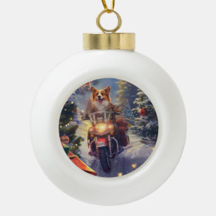 Adorno De Cerámica Tipo Bola Perro Corgi Montando Motocicleta Navidad