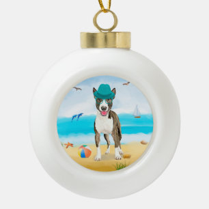 Adorno De Cerámica Tipo Bola Perro de Bull Terrier en la playa