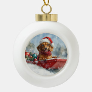 Adorno De Cerámica Tipo Bola Perro de Dachshund en la cornisa, Navidades de la