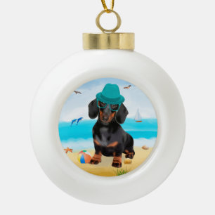 Adorno De Cerámica Tipo Bola Perro de Dachshund en la playa