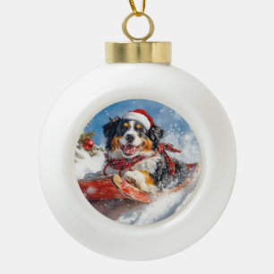 Adorno De Cerámica Tipo Bola Perro de montaña bernés en trineo de Navidad
