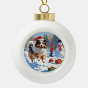 Adorno De Cerámica Tipo Bola Perro de pastor de Shetland corriendo en la nieve
