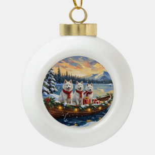 Adorno De Cerámica Tipo Bola Perro Eskimo Americano Blanco Navidad Barco Fiesta