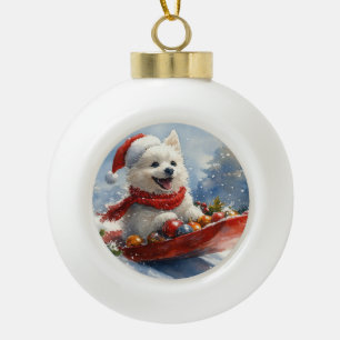 Adorno De Cerámica Tipo Bola Perro Esquimal Americano en Trineo Deja que Nieve