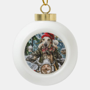Adorno De Cerámica Tipo Bola Perro Galgo Montando Motocicleta Navidad 