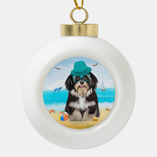 Adorno De Cerámica Tipo Bola Perro habanés en la playa